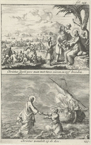 Miraculous multiplication of breads and fishes by Christ and Christ runs over the water, Jan Luyken, 1690 Canvas Print