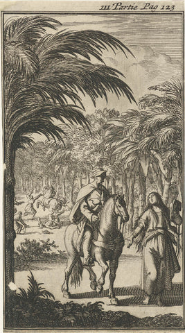 Traveler on his way from Agra to Delhi addressed by a female member of a gang of robbers, Jan Luyken, 1689 Canvas Print