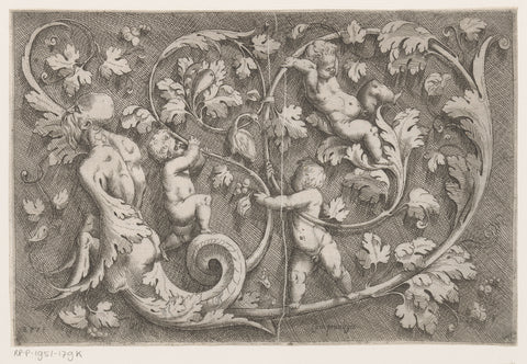 Frisian with arabesques, three playing putti and an old man walking in ornament, Giovanni Battista Pittoni (I), 1561 Canvas Print