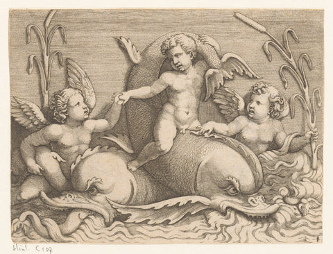 Three putti with dolphins, Adamo Scultori, c. 1540 - c. 1585 Canvas Print