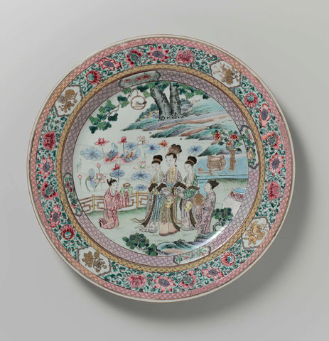 Dish with women in a fenced garden near a lotus pond, anonymous, c. 1750 - c. 1799 Canvas Print