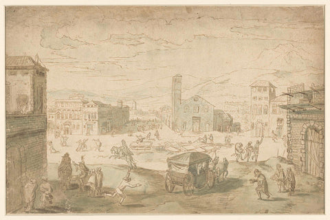 Februarius: vastenavondscène op een Italiaans plein, Jacob Matham, 1596 - 1631 Canvas Print