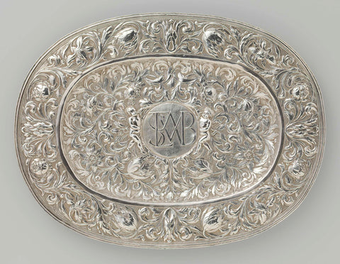 Lampet dish, oval and fully driven with flower vines, with a monogrammed medallion in the middle of the edge, consisting of the letters SLMVB, Jonas Gutsche (attributed to), 1670 Canvas Print