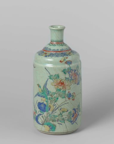 Sake bottle with a bird on a rock with flowering plants, anonymous, c. 1660 - c. 1680 Canvas Print