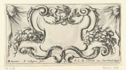 Cartouche met cherubijn en twee hoorns des overvloeds, François Collignon, c. 1645 - c. 1647 Canvas Print