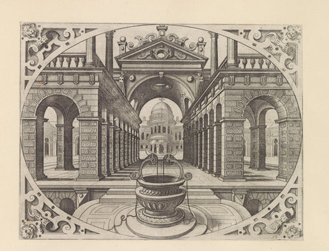 View in a street with colonnades on either side and a well in the foreground, Johannes or Lucas van Doetechum, after 1601 Canvas Print