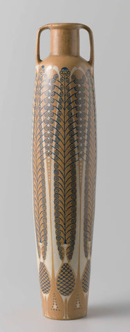 Cylindrical vase with stylized lyre birds in white and blue on yellow-brown long distance, Chris van der Hoef, 1902 Canvas Print
