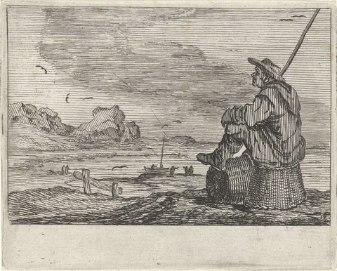 Dune landscape with a man, sitting on two baskets, Gillis van Scheyndel (I), 1618 - 1645 Canvas Print