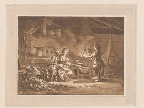 Interior of a barn with two figures on a sofa and a man by a fire, Jean Baptist Leprince, 1771 Canvas Print