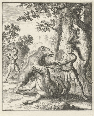 Godfried van Bouillon defeats a bear, Jan Luyken, 1683 Canvas Print