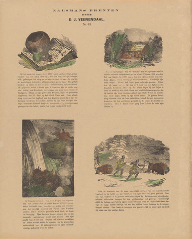 Possessions of Captain Bligh, the house of John Adams on Tahiti, Niagara Falls and original North Americans hunting buffalo, Gerhardus Philippus Zalsman, 1869 - 1882 Canvas Print