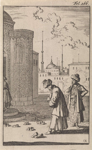 On a square, two Turks approach a mosque where there are a number of pairs of shoes in front of the entrance, Caspar Luyken, 1696 Canvas Print