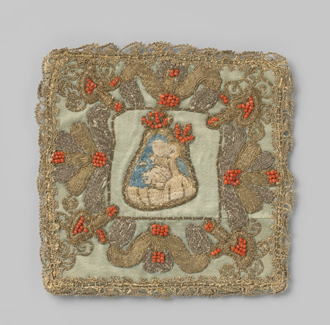 Palla with embroidery where within a flower border a Madonna and Child is embroidered, anonymous, c. 1675 - c. 1699 Canvas Print