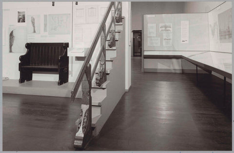 Panelled room with design drawings, a banister, a console in support of a painting bar and a sofa, c. 1985 Canvas Print