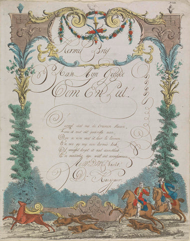 Wensbrief met jachttafereel, anonymous, c. 1700 - c. 1899 Canvas Print