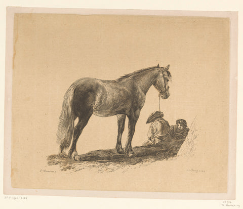 Standing horse with two men sitting on the ground, Adam von Bartsch, 1815 Canvas Print