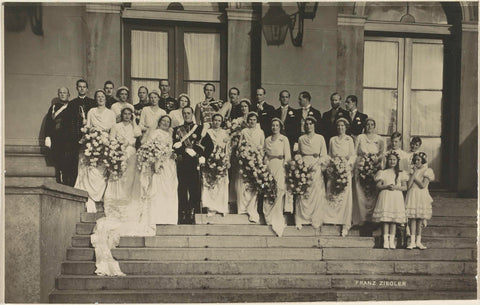 Juliana, Queen of the Netherlands, and Bernhard van Lippe-Biesterfeld among the bridesmaids and groomsmen at their wedding in the Grote Kerk in The Hague on January 7, 1937, Franz Ziegler, 1937 Canvas Print