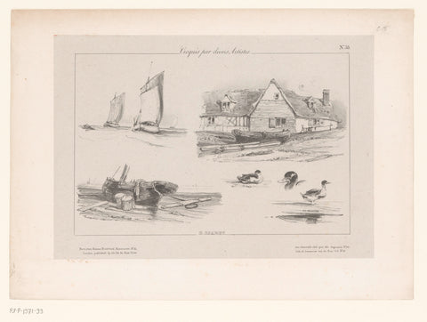 Sketches of fishing boats, ducks and a house, Eugène Isabey, 1830 Canvas Print