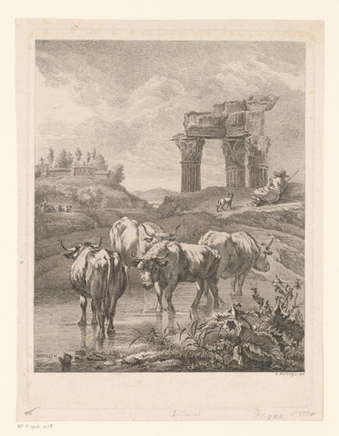 Four oxen in a brook, in the background a shepherd for a ruin, Adam von Bartsch, 1806 Canvas Print