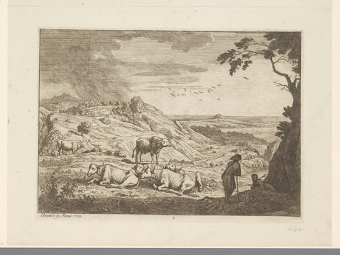 Landscape with resting buffaloes and shepherds, Adrien Manglard, 1753 Canvas Print