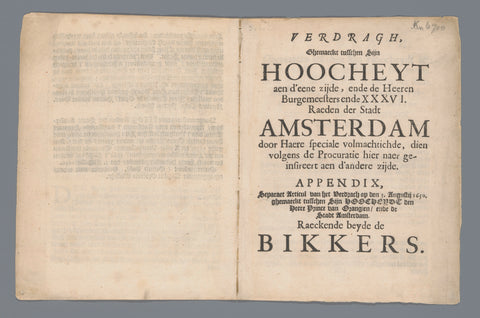 Verdragh ghemaeckt tusschen sijn Hoocheyt aen d'eene zijde, ende de Heeren Burgemeesters ende XXXVI Raeden der Stadt Amsterdam (...), anonymous, 1650 Canvas Print