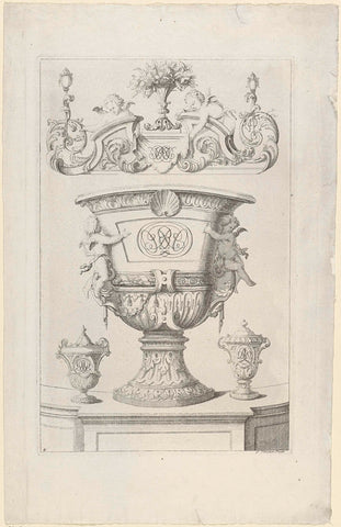 Garden vase with monograms and putti, Gerrit Visscher, 1690 - 1710 Canvas Print