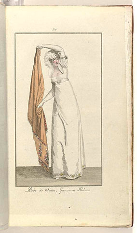 Elegantia, or magazine of fashion, luxury and taste for ladies, March 1808, No. 39: Robe de Satin, Garnie and Rubans, anonymous, 1808 Canvas Print