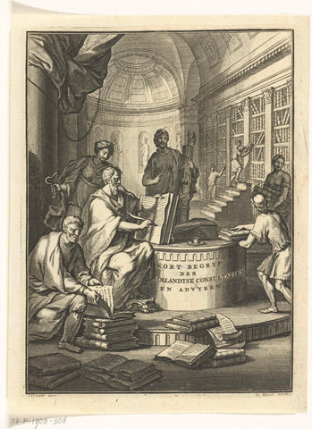 Allegorical representation with personification of justice and men at work in library, Abraham de Blois, 1709 Canvas Print