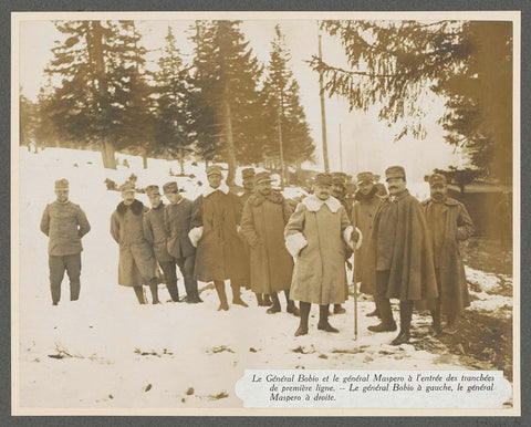 General Bobio, General Maspero and men at the entrance of the trenches in the front line in the Dolomites, presumably Italians, Henri de Rothschild (attributed to), 1916 Canvas Print