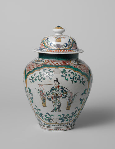 Ovoid jar with women with a yoke in scalloped panels, anonymous, c. 1650 - c. 1699 Canvas Print