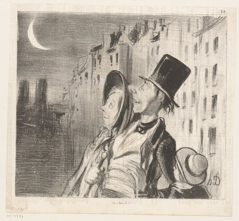 Family looks at the moon above Notre-Dame, Honoré Daumier, 1842 Canvas Print