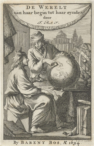 Twee mannen bestuderen een globe, Jan Luyken, 1694 Canvas Print