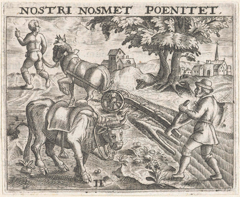 Peasant working land with horse and plow, Theodor de Bry, 1596 Canvas Print