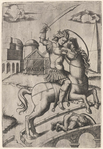 Roman soldier Horace Cocles on horseback on bridge of Tiber in Rome, Marcantonio Raimondi, 1500 - 1527 Canvas Print