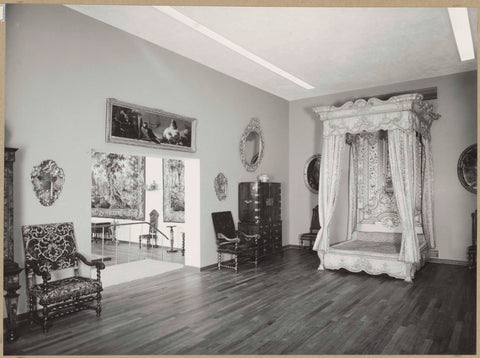 Room with four-poster bed and furniture including chairs, 1957 Canvas Print