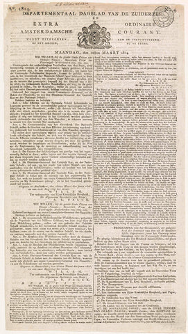 Departementaal Dagblad van de Zuiderzee. Extra Ordinary Amsterdamsche Courant. Ao 1814 / No. 4 / 28 March 1814, Stadsdrukkerij, 1814 Canvas Print