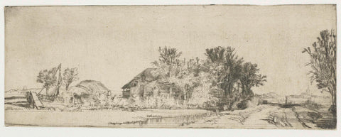 Landscape with a farmhouse along a road beside a canal, Rembrandt van Rijn, c. 1652 Canvas Print