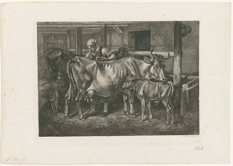 Stalknecht brushes a cow that washes her calf, Johann Adam Klein, 1818 Canvas Print