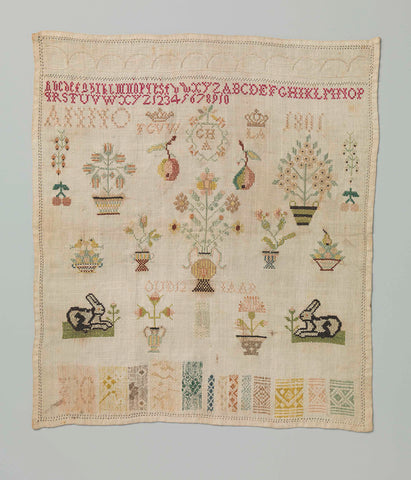 Sampler of linen on which in cross and star stitch with multicolored side a sampler part with ANNO 1801 and three pairs of initials, 13 tuck through in satin and twill bindings wherein one with initials., GHA, 1801 Canvas Print