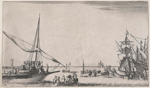 Boats sailing between a galley ship on the left and sailing ship on the right, Stefano della Bella, 1634 Canvas Print