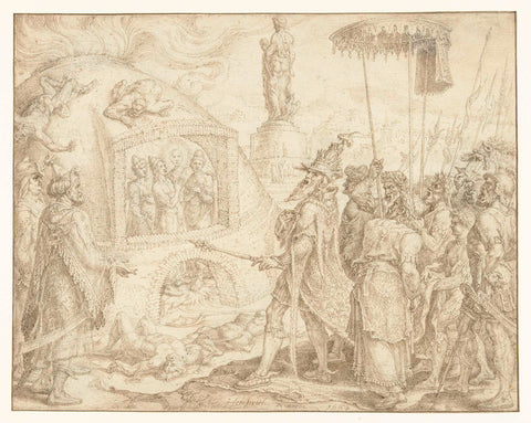 Nebuchadnezzar in wonder at the presence of four youngsters in the fiery furnace, Maarten van Heemskerck, 1564 Canvas Print