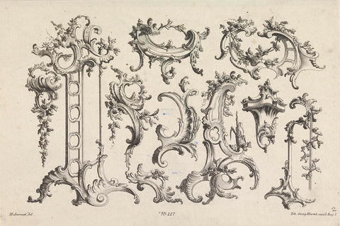 Rocaille ornaments with leaf motifs, Franz Xaver Habermann (possibly), 1731 - 1775 Canvas Print