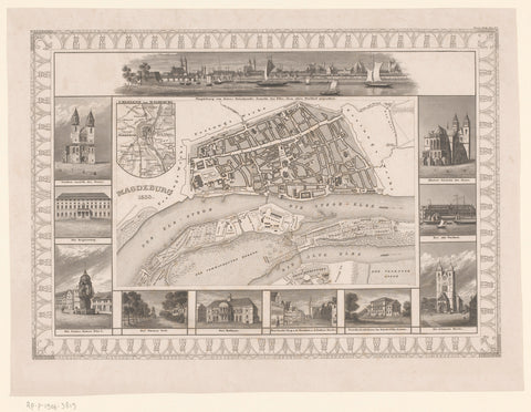 Map of Magdeburg with eleven cityscapes, Johann Georg Serz, 1833 Canvas Print