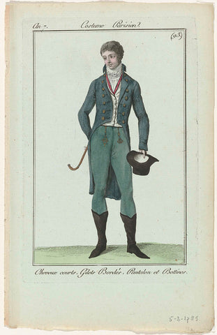 Journal des Dames et des Modes, Costume Parisien, 5 March 1799, Year 7, (93.) : Cheveux courts, Gilets Bordés (...), anonymous, 1799 Canvas Print