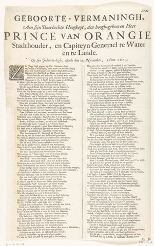 Poem of praise on Prince William III, 1673, anonymous, 1673 Canvas Print