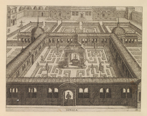 Garden with a ground floor enclosed by a corridor of railings and in the middle a fountain, anonymous, c. 1600 - c. 1601 Canvas Print