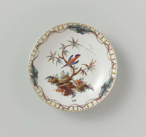 Dish, polychrome painted with bird on branch on the ground and border decoration of golden piping and vertical stripes, wrapped with leaf garland, Weesper porcelain factory, c. 1769 - c. 1771 Canvas Print