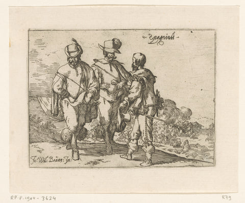 Three Spaniards, a battle in the background, Johann Wilhelm Baur, 1636 Canvas Print