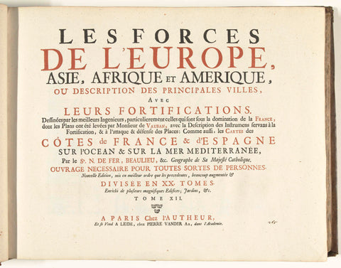 Titelpagina voor het prentwerk: The Forces of Europe, Asia, Africa and America (...) Comme aussi les Cartes des Côtes de France et d'Espagne (deel XII), 1726, Pieter van der Aa (I), 1726 Canvas Print