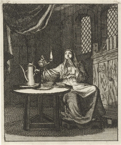 Woman beholds the flame from an oil lamp, Jan Luyken, 1687 Canvas Print